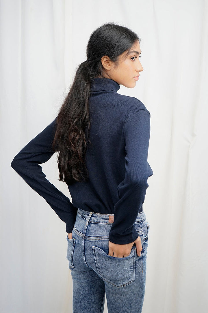 VYBE High Neck Slim Fit Basic Tee-Navy Blue