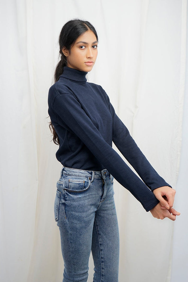 VYBE High Neck Slim Fit Basic Tee-Navy Blue