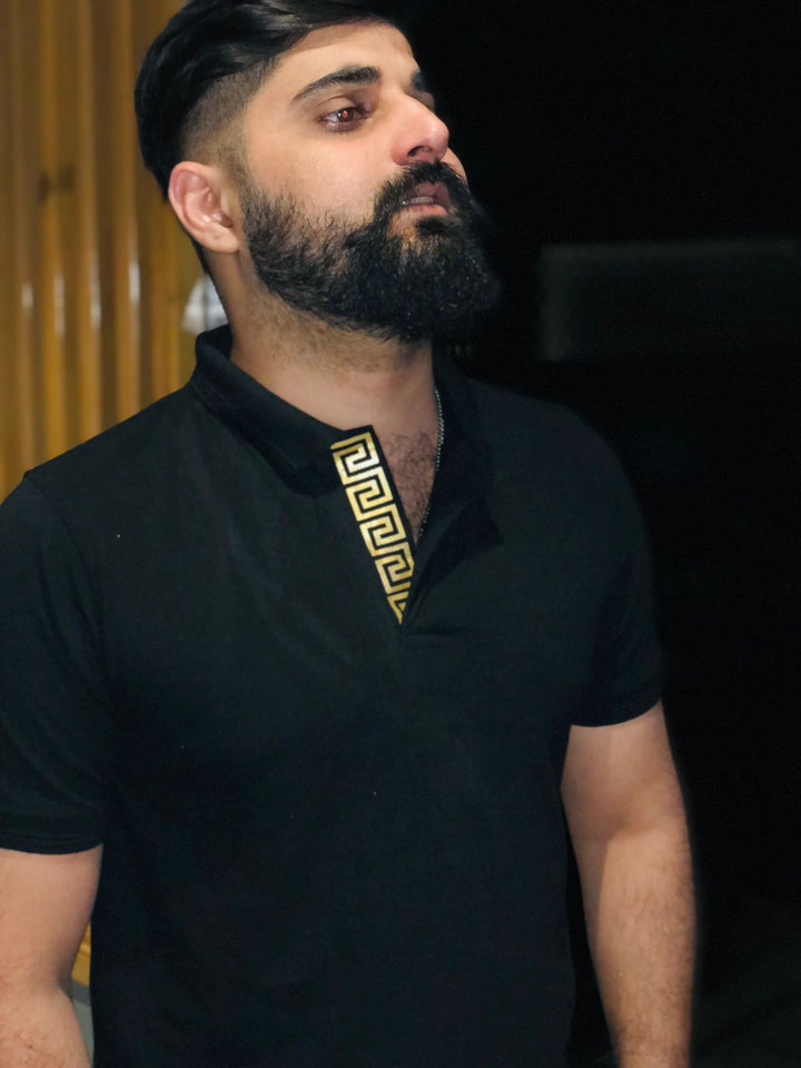 Plain Black Polo With Versace Stripe